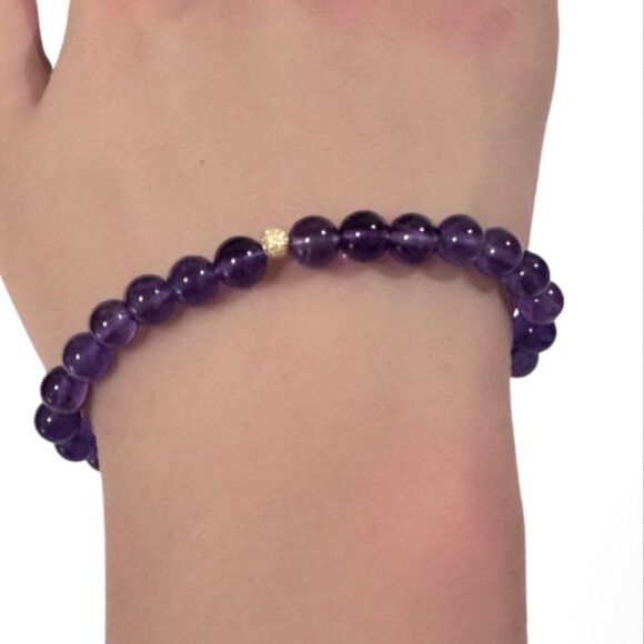 Natural Gemstones Amethyst 6mm Stretchable Bracelet 14k Gold Bead Charm Stardust - Picture 6 of 6